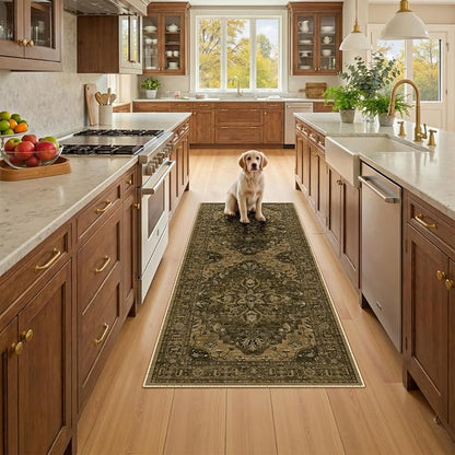 RELEANY Area Rugs Runner 2'x5' Washable Non-Slip, Floral Vintage Distress Medallion Carpet for Kitchen Hallway Bedroom Beside Laundry Room Bathroom, Brown Dark Brown