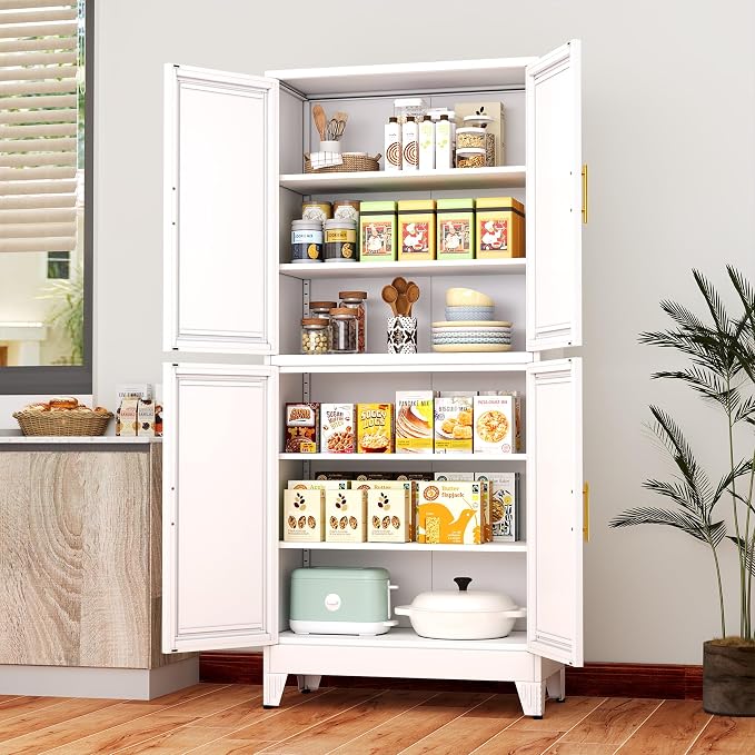 75" H Tall Kitchen Pantry Cabinet, Pantry Storage with Doors and 3 Adjustable Shelves, Metal Storage, Cupboard for Kitchen, White