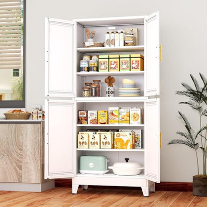 75" H Tall Kitchen Pantry Cabinet, Pantry Storage with Doors and 3 Adjustable Shelves, Metal Storage, Cupboard for Kitchen, White