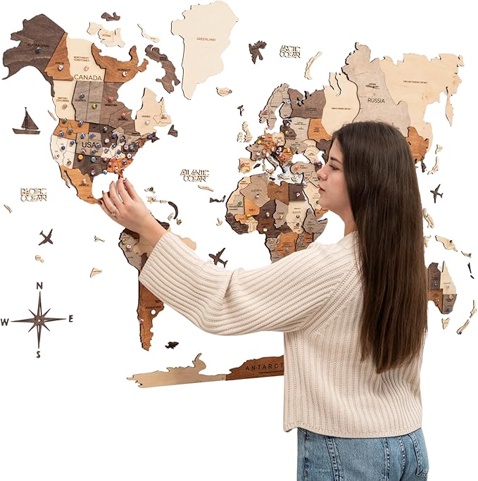 Enjoy The Wood 3D Wooden World Map Wall Art - Large Travel Map with Pins for Art Decor - Decorative Map of the World for Home, Office - Travel Wall Art Housewarming Gift Idea (Multicolor, 3XL, Unframed)
