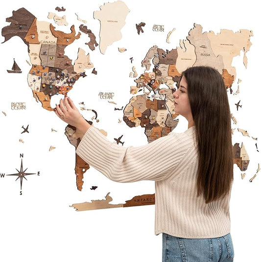 Enjoy The Wood 3D Wooden World Map Wall Art - Large Travel Map with Pins for Art Decor - Decorative Map of the World for Home, Office - Travel Wall Art Housewarming Gift Idea (Multicolor, L, Unframed)