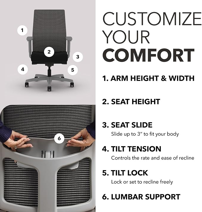 HON Ignition 2.0 Mid‑Back Ergonomic Office Chair, Mesh Task Seating with Lumbar Support, Advanced Synchro‑Tilt, Height and Width Adjustable Arms, Titanium Frame, Black