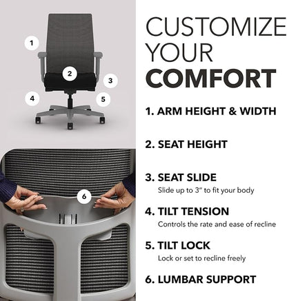 HON Ignition 2.0 Mid‑Back Ergonomic Office Chair, Mesh Task Seating with Lumbar Support, Advanced Synchro‑Tilt, Height and Width Adjustable Arms, Titanium Frame, Black