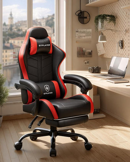 GTPLAYER Gaming Chair, Ergonomic Game Computer Chairs with Foot Rest for Adults, Adjustable PC Game Chair with Reclining Function and Comfortable Headrest for Home and Office Use (RED)