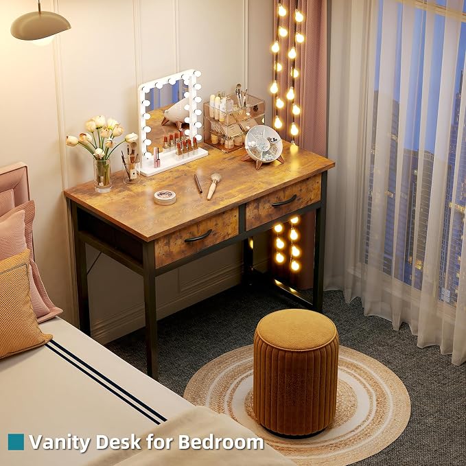 CAIYUN Computer Office Desk for Small Space with Fabric Drawers, Home Office Desk for Bedroom with Side Pocket and Hook, 31 Inch Brown Kid’s Desk, Writing Desk, Study Table and Work Desk