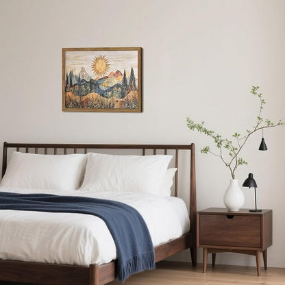 Framed Boho Sun Canvas Wall Art, Modern Abstract Mountain Landscape Painting, Southwestern Sun Poster Picture Print, Boho Floral Aesthetic Wall Decor for Bedroom Home Office 8x10 inch