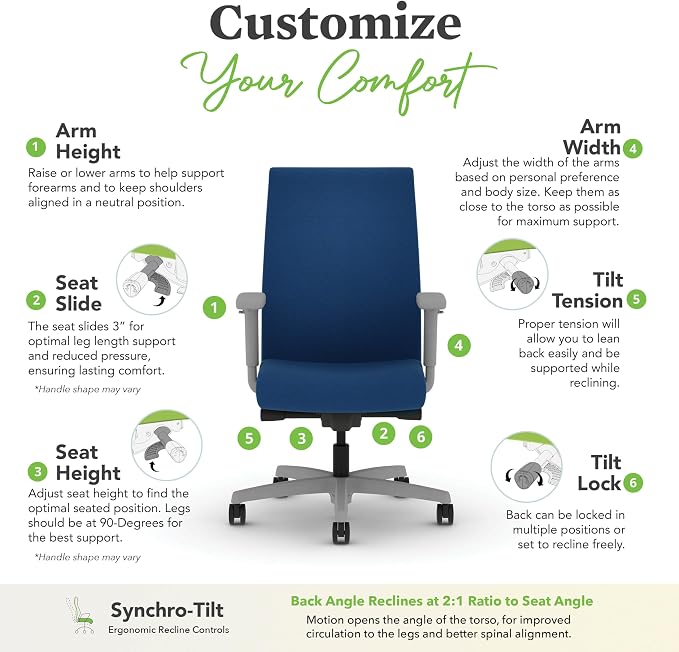 HON Ignition 2.0 Ergonomic Office Chair with Adjustable Arms, Advanced Synchro‑Tilt Recline, Upholstered Desk and Computer Chair for Home Office or Workstation, Titanium Frame, Indigo