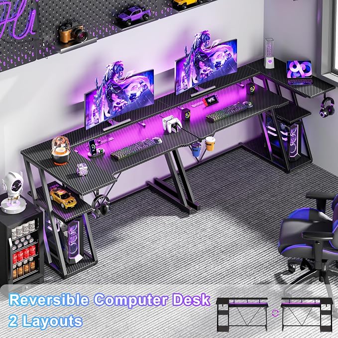 Korfile 47 Inch Gaming Desk with Power Outlet & LED Lights, Corner Computer Desk with 3 Tiers Storage Shelves, Home Office Desk with Monitor Stand for Small Space, Carbon Fiber Black