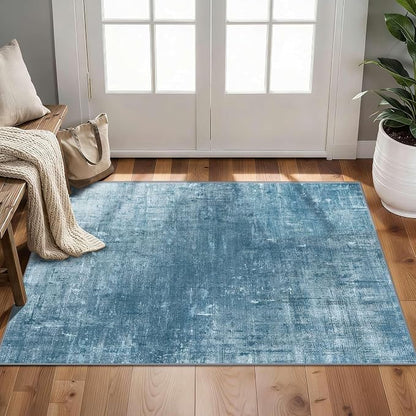 Latte&Fog 2x3 Entryway Rug, Small Modern Abstract Door Mat, Blue Washable Kitchen Rug, Boho Non Slip Low Pile Carpet for Indoor Kitchen, Entry, Front Door and Bathroom