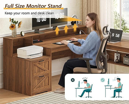 YOMILUVE Farmhouse 63" L Shaped Desk with Drawers, Home Office Desks with Storage Shelves and Printer Stand, Corner Computer Desk with Power Outlets and Monitor Stand, Brown