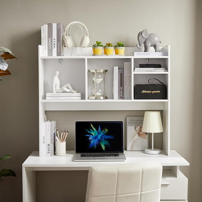 Nromant Desktop Bookshelf, Wooden Desk Storage Hutch with 6 Shelves for Computer Desk, 3-Tier Desktop Display Organizer Rack for Office Home (White)