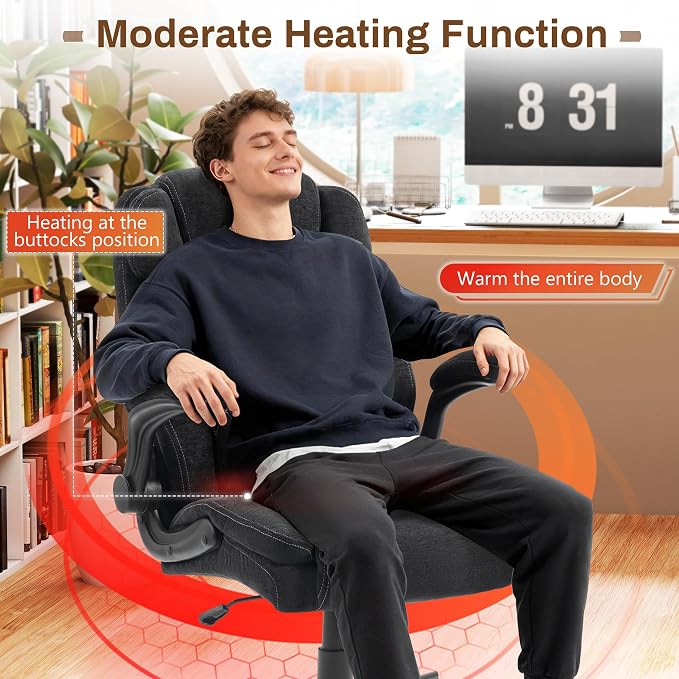 Massage Office Chair, 500LBS Ergonomic Rocking Executive Desk Chairs with 4 Points Vibration&Heat,Padded Flip-up Armrests for Big and Tall Office Chair,Swivel Computer Chair Thicken Back,Fabric Black