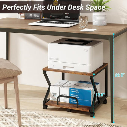 Natwind 2 Tier Printer Stand,19.7''x19.7'',with Pull Out Shelf,Retro | Easy Reach for Lower Shelf Items,Rolling Printer Cart with Wheels, Fits Under Desk,Supports 180lbs,for Home Office Kitchen