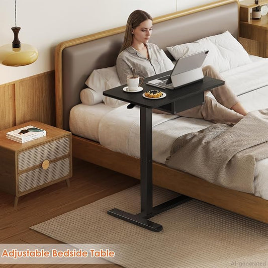 X-cosrack Overbed Bedside Table with Drawer, Adjustable Pneumatic Standing Desk with Wheels, Rolling Laptop Desk with Cup Holder, Computer Cart Movable Over Bed Table for Hospital and Home Use, Black