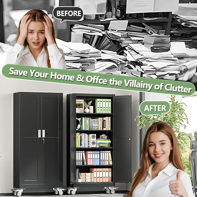Metal Garage Storage Cabinets and storage system, 71”Tall Rolling utility cabinet with Wheels, Lock, 4 Adjustable Shelves, Heavy Duty Steel Tool Locker for Home Office, Utility Room, Gym,Black