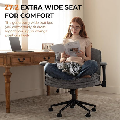 Dowinx Criss Cross Chair with Adjustable Flip-up Arms and Wheels, Comfort Ergonomic Office Desk Armchair with 3 Layer Cushions, Wide Seat Vanity Chair for Home Office, Living Room, Bedroom, Gray