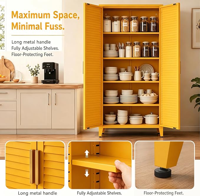 61" Tall Metal Pantry Cabinet with Lock and 3 Adjustable Shelves,Freestanding Heavy Duty Steel Storage Locker,Yellow Metal Cabinets for Kitchen,Living Room,Home 61" H X 27.6" W X 13.8" D
