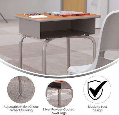 Flash Furniture Billie Student Desk - Walnut Open Front School Desk - Silver Metal Frame - 24"W x 18"D Adjustable Height, Durable for School or Remote Learning