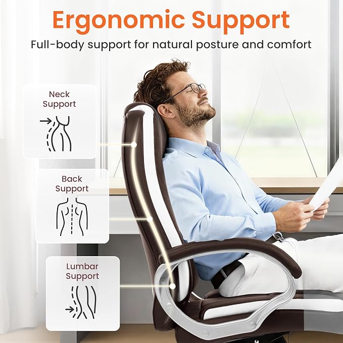 NEO CHAIR Office Desk Ergonomic Gaming Computer Chair High Back Adjustable PU Leather with Lumbar Support, Swivel Rolling Wheels, Executive Managerial Task Chair (Brown)