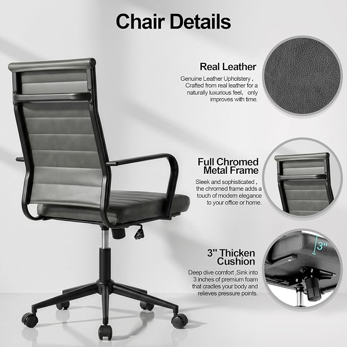 Okeysen Genuine Leather Office Desk Chair, Mid-Century Modern Real Leather Conference Room Chairs, Ergonomic Executive Ribbed Height Adjustable Swivel Rolling Chair for Home Office.
