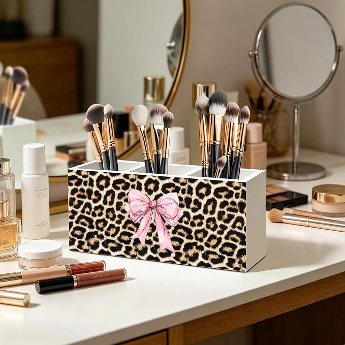 Coquette Pink Bow Cheetah Print Makeup Brush Toothbrush Holder for Girly Bathroom Dorm Vanity, Pink and Cheetah Print Wood Signs Pen Pencil Holder Organizer Desk Accessories