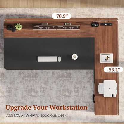 UPOSOJA 71" Executive Desk, Large Office Desk with Drawers & Storage Shelves, Modern L Shaped Computer Desk Corner Desk with Power Outlets, File Cabinet, Business Furniture Desk Workstation (Walnut)
