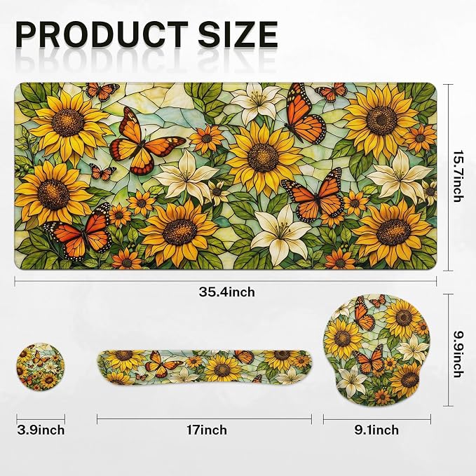 Britimes Yellow Sunflower Butterfly Keyboard Mouse Pad Set Floral Vintage 4in1 Large Mousepad+Keyboard Wrist Rest+Mouse Wrist Rest+Coaster Ergonomic Design for Home Office Computer 35.4x15.7 inches