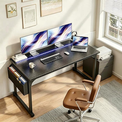 DurayLoly 48" Gaming Desk with Waterproof LED Lights, Carbon Fiber Desktop for Small Spaces | Home Office Study Computer Desk with Storage Bag & Headphone Hook, Black