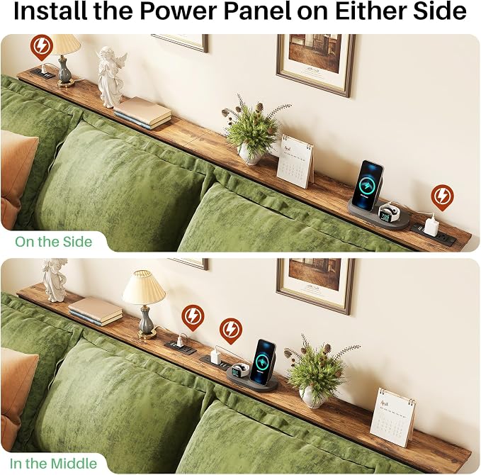 Kitstorack Behind Couch Table, Adjustable Height Narrow Console Table with 2 Power Strips, Split Design for Separate Wall Use, Anti-Scratch Tip, Rustic Brown for Living Room (70.8" Long)
