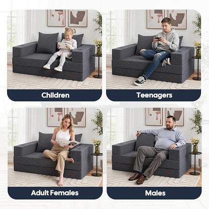 COMAX Futon Sofa Bed, 4‑in‑1 Convertible Sofa Bed, Folding Boneless Couches | Boneless Couch for living room, Fold Out Small Foldable Loveseat Floor Sleeper Mattress Lounge Space‑Saving, Grey