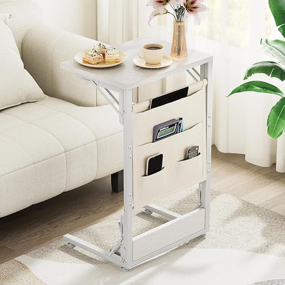 Folding TV Tray Table, 28.8" Tall C-Shaped Side Table for Couch and Bed, Slide Under Sofa Side Desk with Storage Bag - Sturdy Metal Frame Tray for Living Room, Bedroom, Home & Office (White)
