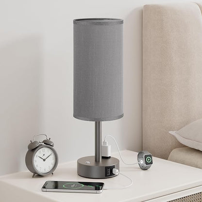 Touch Bedside Table Lamp with Memory - Stepless Dimmable Lamp for Bedroom, Small Nightstand Lamp with Dual USB Charging Ports and AC Outlet, Wood Night Light, Desk Lamp for Nursery (Grey & Grey)