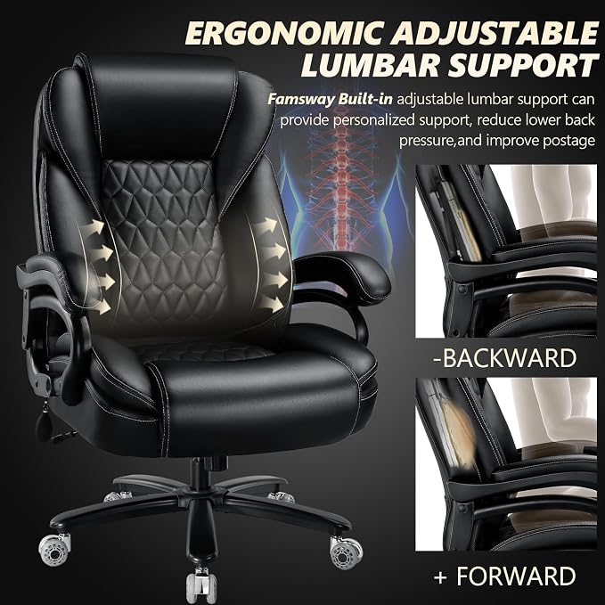 600lbs Big and Tall Office Chair with Pocket Spring Cushion, Ergonomic Heavy Duty Executive Office Desk Chair with Adjustable Lumbar Support, Large Comfy Computer Chair with Dual Rubber Wheel