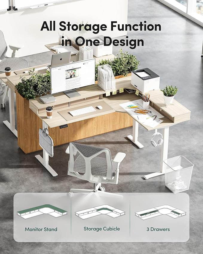 FEZIBO L Shaped Electric Standing Desk, 63 x 48inch Large with Drawers | Reversible Tabletop, 2 Memory Height Settings | Home Office & Gaming Height-Adjustable Table, Light Walnut （2 Packages）