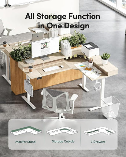 FEZIBO L Shaped Electric Standing Desk, 63 x 48inch Large with Drawers | Reversible Tabletop, 2 Memory Height Settings | Home Office & Gaming Height-Adjustable Table, Light Walnut （2 Packages）