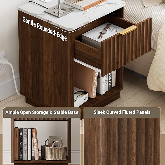 Fluted Nightstand, Walnut Night Stand, Modern Nightstand with Faux Marble Top and Charging Station, 18in Wooden End Table with Drawer, Bedside Table for Bedroom Living Room, Curved Corners