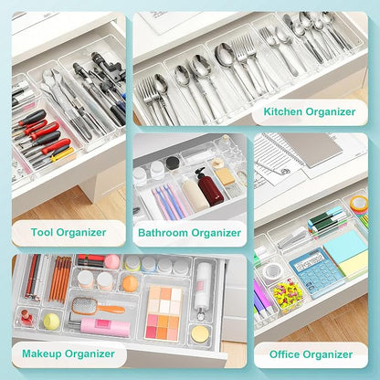 45Pack Makeup Drawer Organizers Set, 4Sizes acrylic desk organizer trays for vanity, bathroom, office, nightstand, junk for kitchen drawer, Versatile plastic drawer divider storage bins