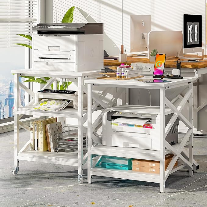 METYERRY Large Printer Stand with Power Outlet, with Height Adjustable Storage Shelf, 3 Tier Rolling Printer Cart with Industrial Wheels, 23.6 x 23.6 Inches Printer Table for Home Office, White