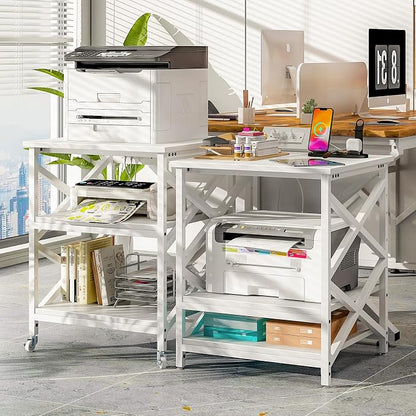 METYERRY Large Printer Stand with Power Outlet, with Height Adjustable Storage Shelf, 3 Tier Rolling Printer Cart with Industrial Wheels, 23.6 x 23.6 Inches Printer Table for Home Office, White
