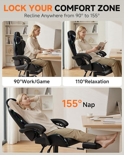 GTPLAYER Gaming Chair with Footrest, Computer Gaming Chair for Adults, Height Adjustable Gamer Chair with 90-155° Recline & Removable Headrest Lumbar Support, 01 Iridescent Black
