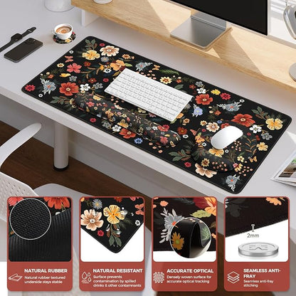 iCasso Desk Cover Mat, 4in1 Floral Large Mouse Pad with Wrist Rest, Desk Matt for Desktop, Anti-Slip XXL Big Computer Ergonomic Mousepad with Wrist Support for Keyboard and Mouse (Flowers)