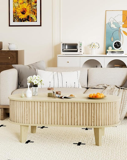 Oval Coffee Table with Lifting Top, 41" Fluted Coffee Table with Storage for Living Room or Home Office, Oak