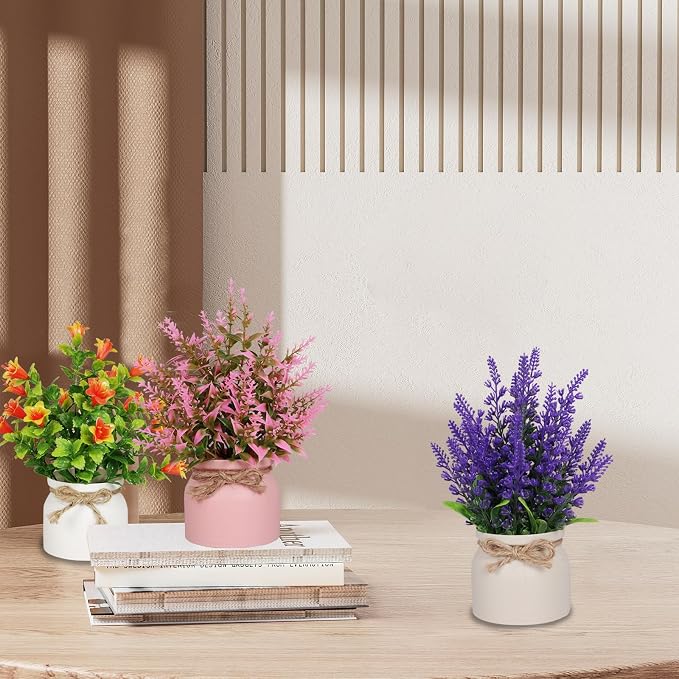 Yoratee 4pcs Artificial Pot Flowers Small Fake Plants with Pot Mini Potted Plants for House Office Tabletop Decoration