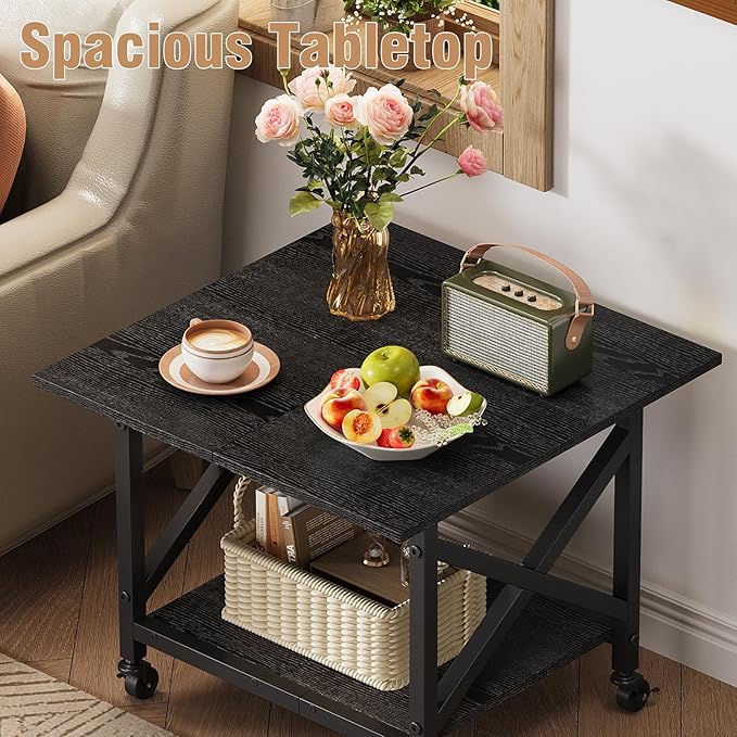 VENNQD 2 Tier Printer Stand, 23.6'' x 23.6'' Large Table with Storage Shelf, Rolling Printer Cart with Wheels, Laser Printer Table for Home Office Scanner Fax Machine, Black
