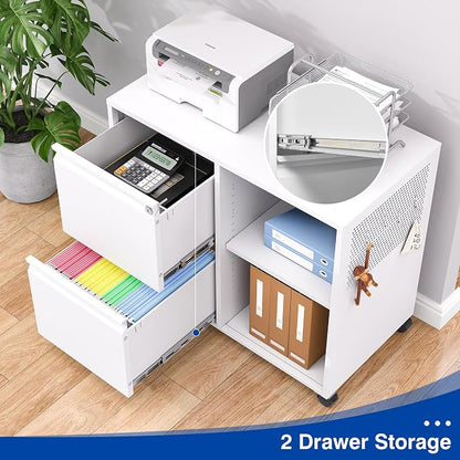 BYNSOE 2-Drawer File Cabinet Mobile Filing Cabinet with Lock Lateral File Cabinet Printer Stand with Open Storage Shelves for Home Office (White, Left Drawer)
