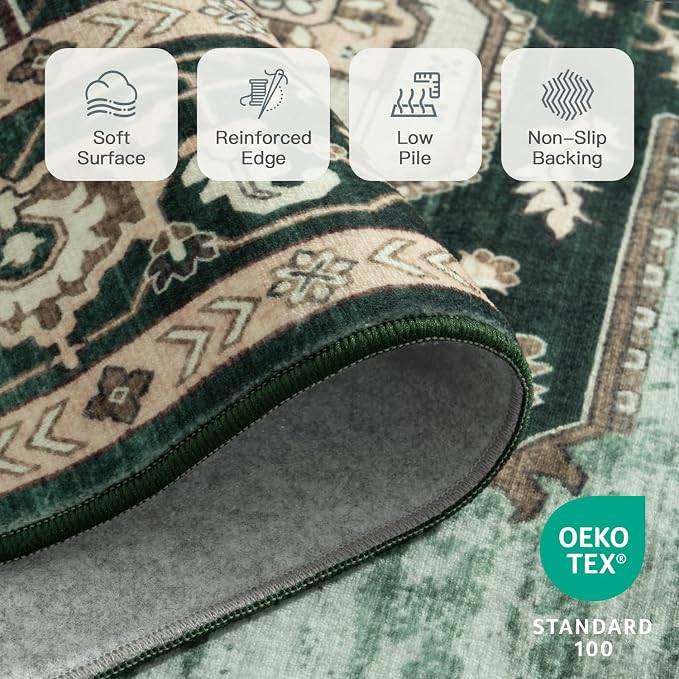Lofus 5x7 Emerald Green Washable Rugs Non-Slip, Vintage Floral Area Rug for Living Room Bedroom Dining Room Kitchen, Low Pile Distress Print Medallion Carpet Home Decor Rug