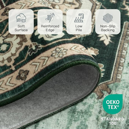 Lofus 8x10 Emerald Green Washable Rugs Non-Slip, Vintage Floral Area Rug for Living Room Bedroom Dining Room Kitchen, Low Pile Distress Print Medallion Carpet Home Decor Rug