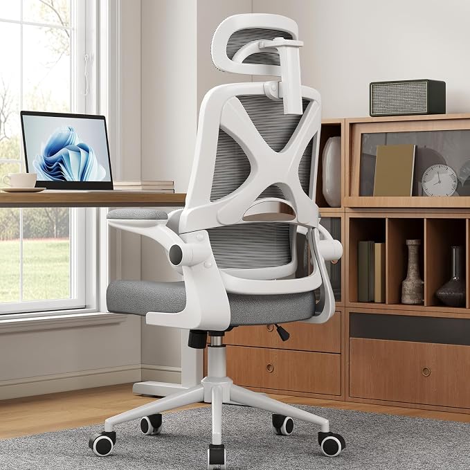 Ergonomic Office Chair - Desk Chair with Adjustable Headrest Lumbar Support Computer Chair - Mesh Comfy Chair with Flip-up Armrests - Gaming Chairs for Adults Home Office (White+Gray)