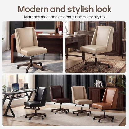 Zihanhome Armless Home Office Chair with Wooden Legs, Modern Leather Upholstered Office Desk Chair No Arms Sewing Chair Adjustable Swivel Desk Chair for Farmhouse Office Study Studio (PU Khaki)