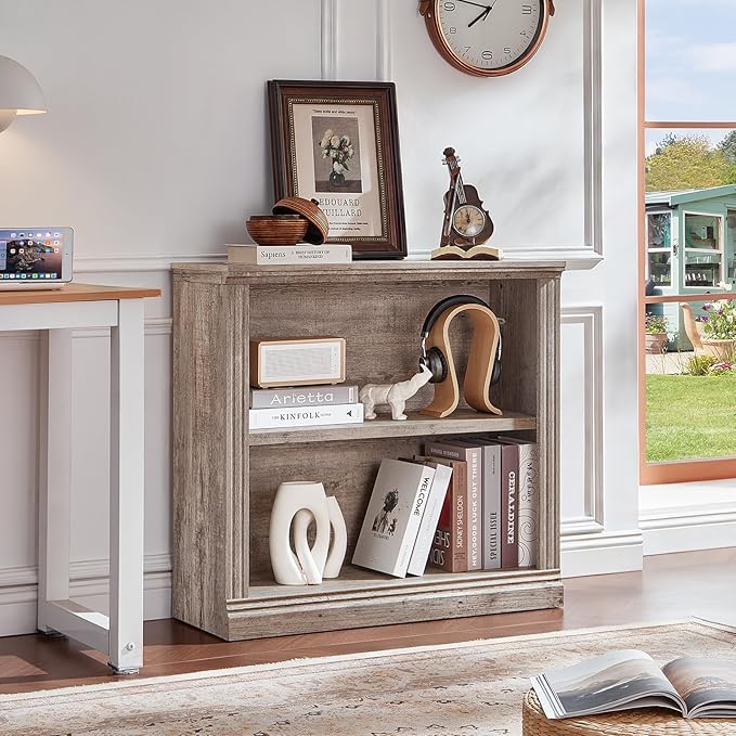 RWYHG 30" Grey Bookshelf Set of 2,2-Tier Thick Wood Book Shelf with Adjustable Shelves,Free Standing Farmhouse Bookcase with Open Display Storage,Floor Vintage Bookshelves for Living Room,Office
